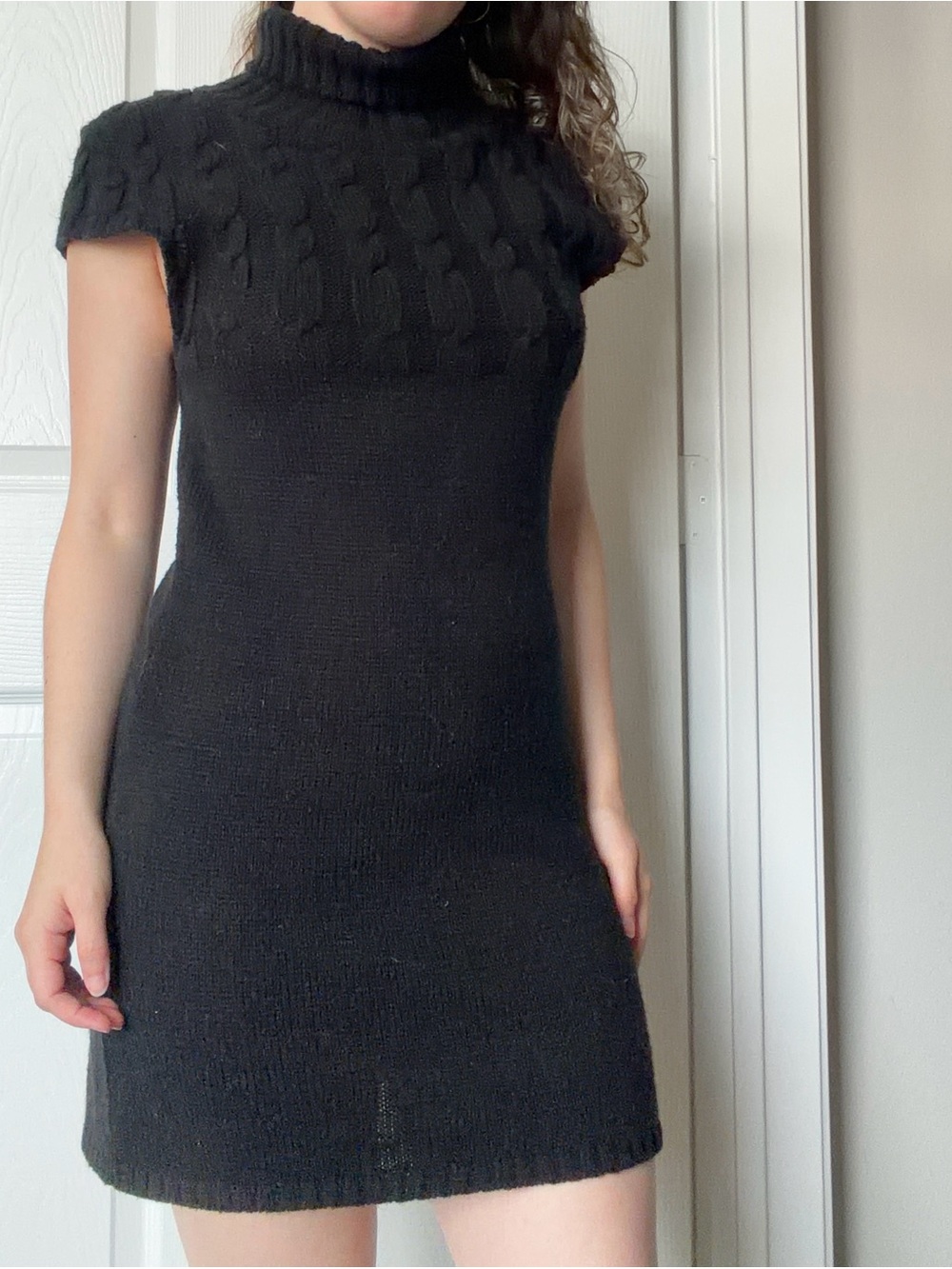 Say What Black Cable-Knit Turtleneck Cap-Sleeve Dress